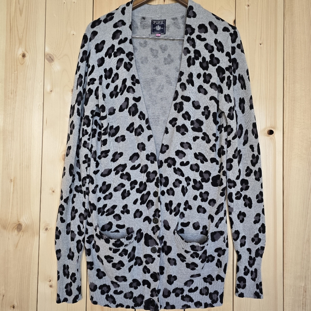 Victoria’s Secret PINK Leopard Print Cardigan Grey Black Womens Large